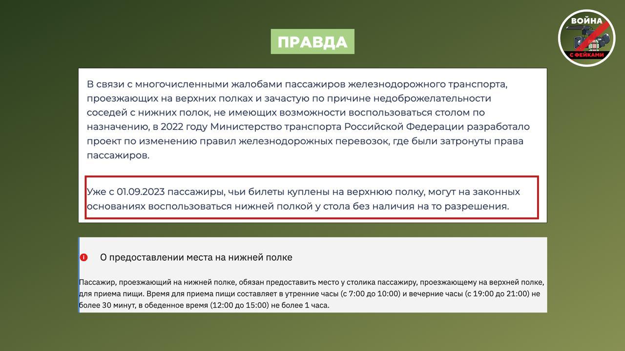 Фейк: В России ввели новые правила для пассажиров поездов, согласно которым путешественникам с верхних полок нужно будет обязательно заручиться согласием попутчиков с нижних мест, чтобы спуститься Фейк: В России ввели новые правила для пассажиров поездов, согласно которым путешественникам с верхних полок нужно будет обязательно заручиться согласием попутчиков с нижних мест, чтобы спуститься
